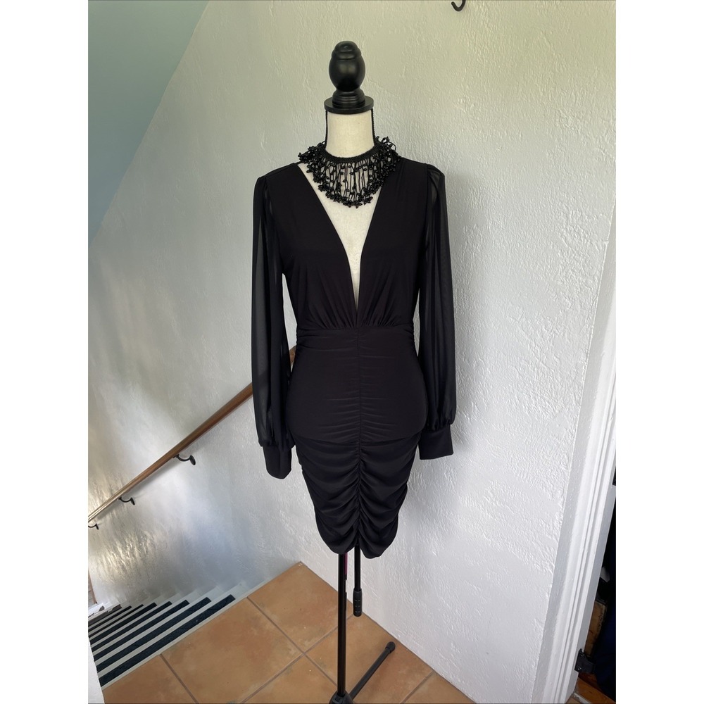Windsor NWOT Black Rushed Long Sheer Sleeve Plunging V Neck Cocktail Dress L